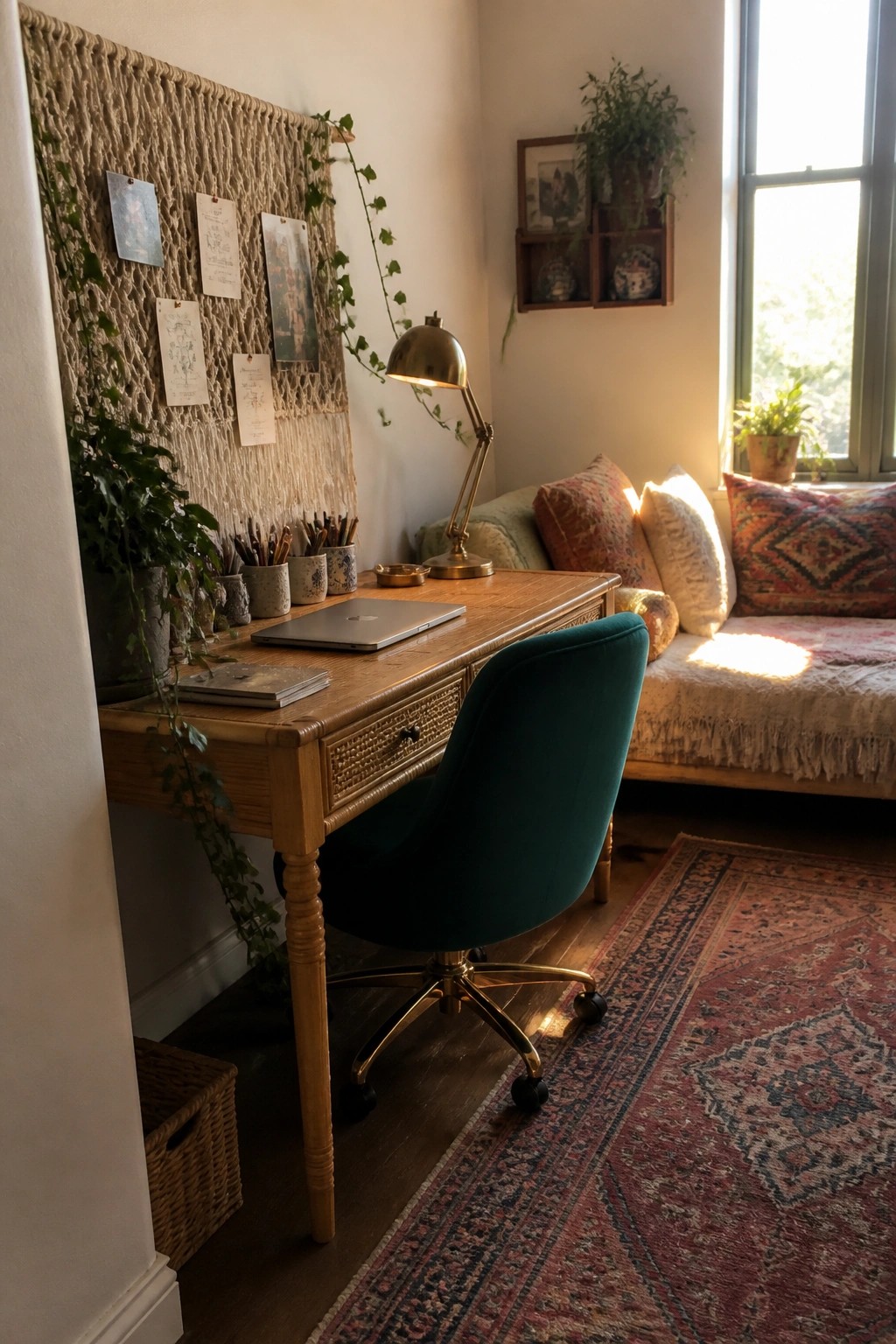 A wooden desk with a green velvet swivel chair faces a macrame wall hanging with pinned photos and trailing plants, next to a sunlit window seat with pillows.