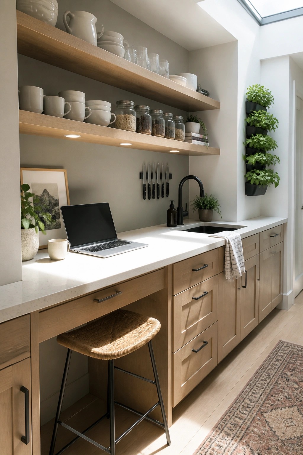 A kitchen interior with light wood cabinets, white countertops, open wooden shelves above the counter holding dishes and glass jars, a laptop open on the counter, and a woven stool pulled up underneath.