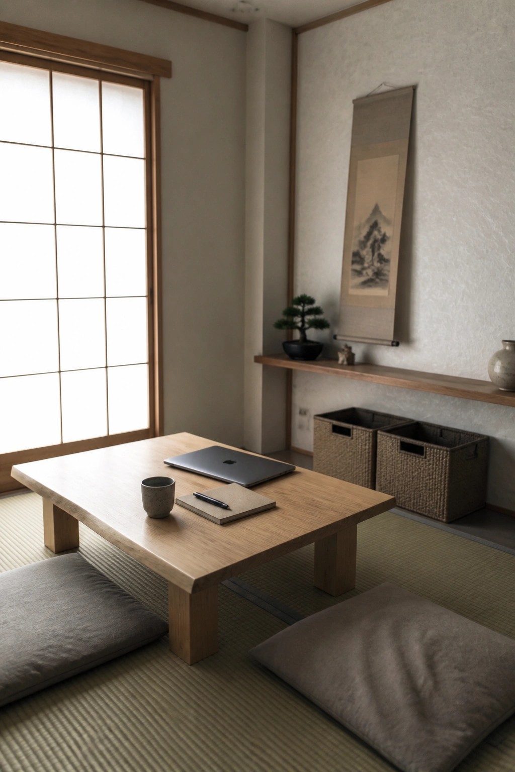A low wooden table with a laptop and notebook sits on tatami mats between two gray cushions in a minimalist Japanese-style room with a shoji screen and wall scroll.