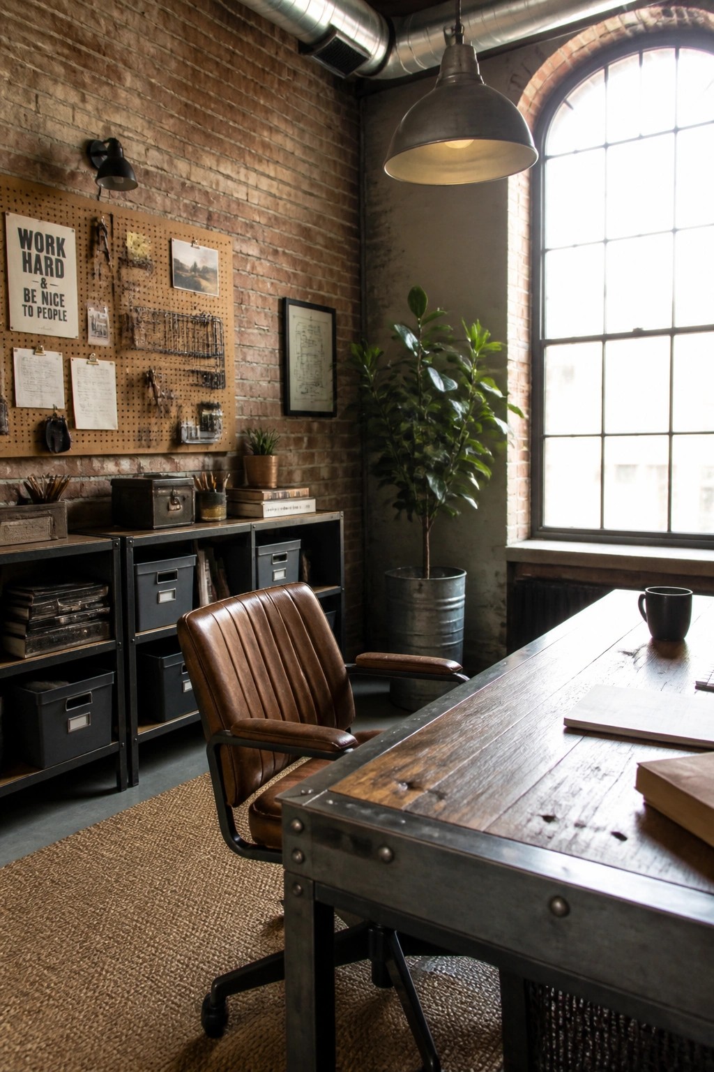 Industrial office with wooden desk, brown leather chair, shelves, and brick walls