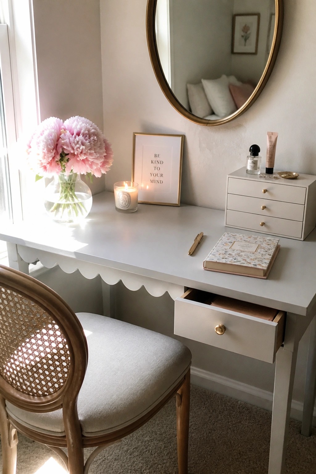 A white desk with a scalloped apron and open drawer sits beside a window with a cane-back chair, a vase of pink flowers, and a lit candle on top.