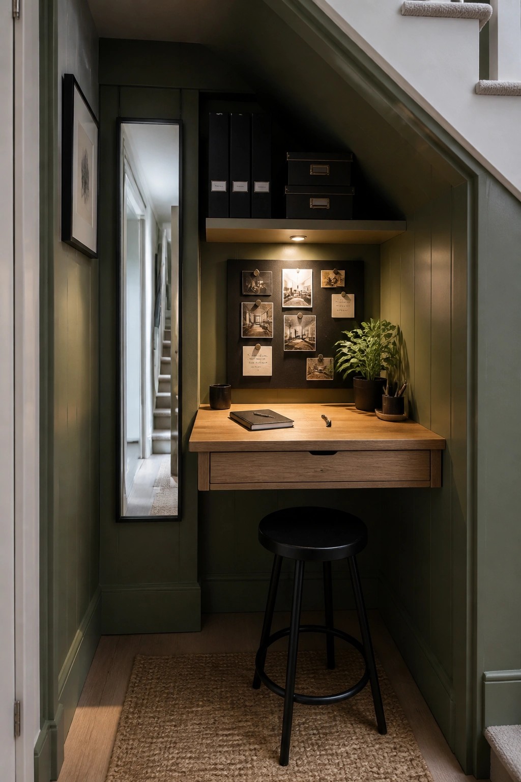 A compact wooden desk with a black stool sits under a staircase in a dark green nook, with a bulletin board and overhead shelves.