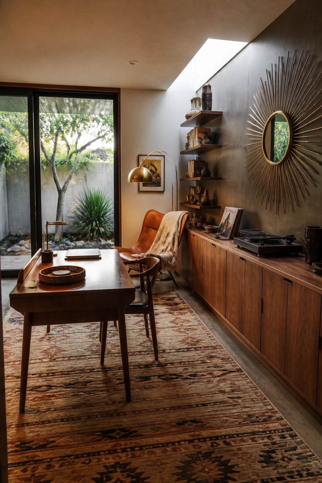 A home office with a wooden desk on a patterned rug, a leather lounge chair, open wooden shelves, a long wooden cabinet holding a record player, and a large sunburst mirror on the wall.