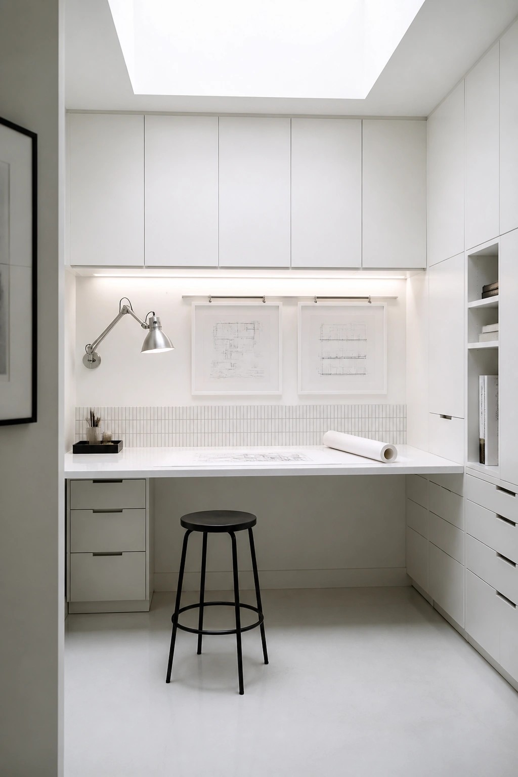 Minimalist white office nook with black stool, skylight, desk lamp, and blueprints