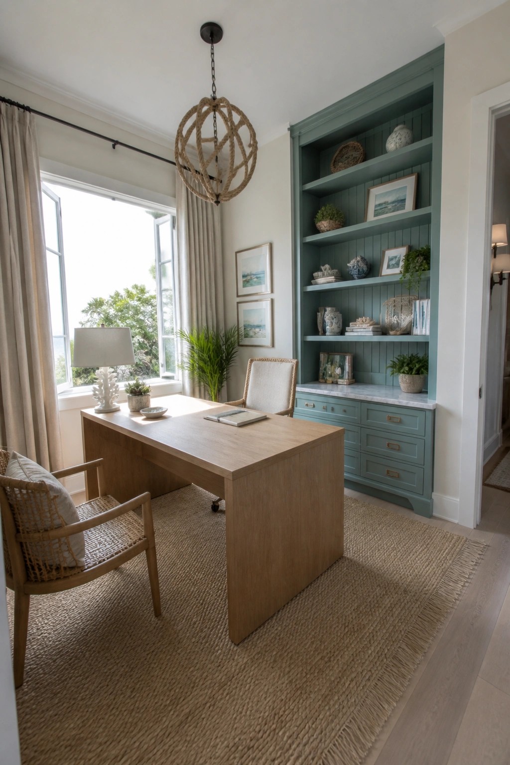 A home office with a light wood desk on a jute rug, two woven chairs, a large teal built-in bookshelf with open shelves and drawers, and a window with beige curtains.