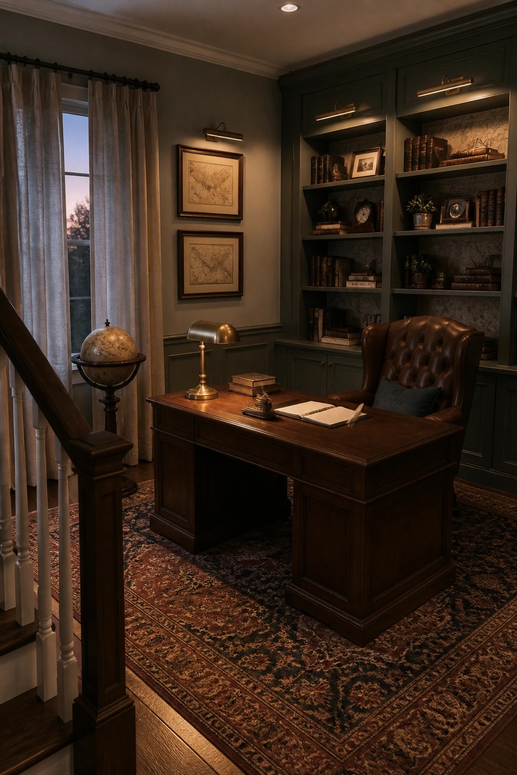 A traditional home office with a dark wood desk, brown leather wingback chair, built-in bookshelves filled with books, a globe near the window, and two framed maps on the wall.
