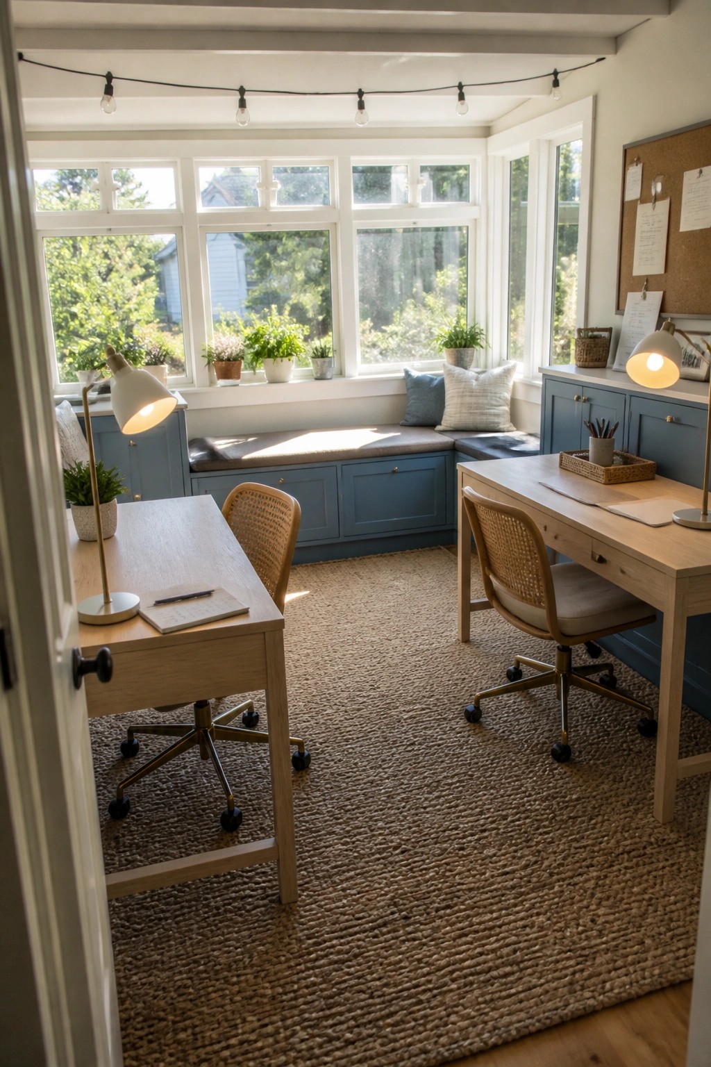 A bright home office with two light wood desks, woven office chairs, blue built-in cabinets under large windows, and a cushioned window seat.