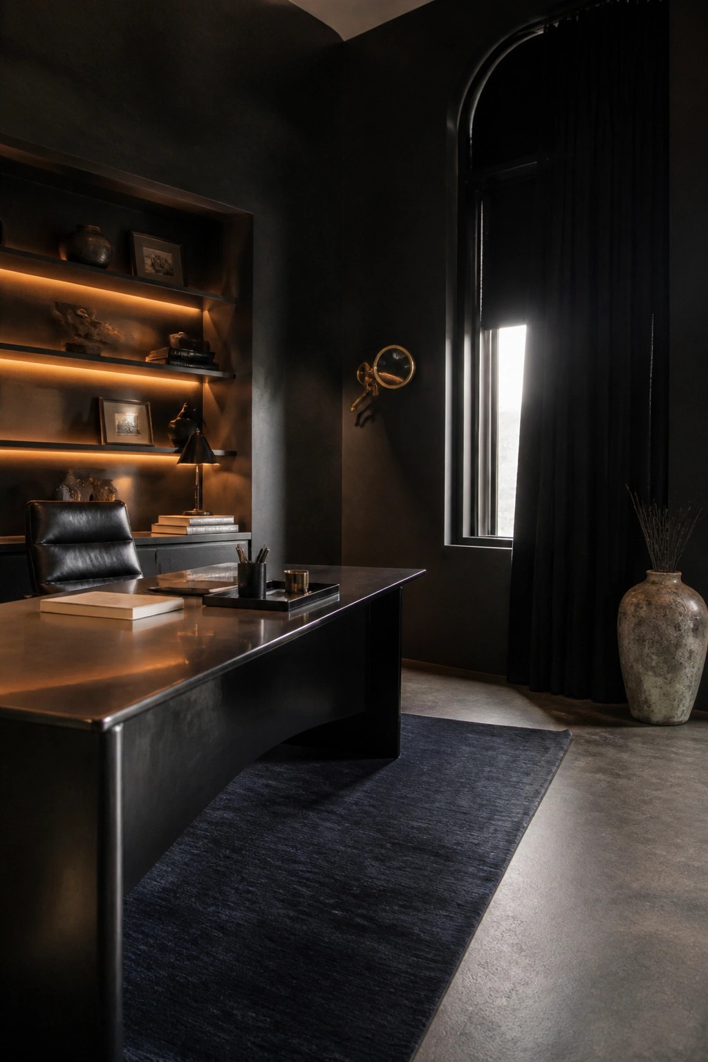 A dark modern home office featuring a large black desk, built-in shelves with warm underlighting, a black leather chair, and a tall window with dark curtains.