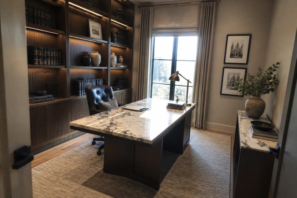 Elegant home office with marble desk, tufted leather chair, and illuminated bookshelves.