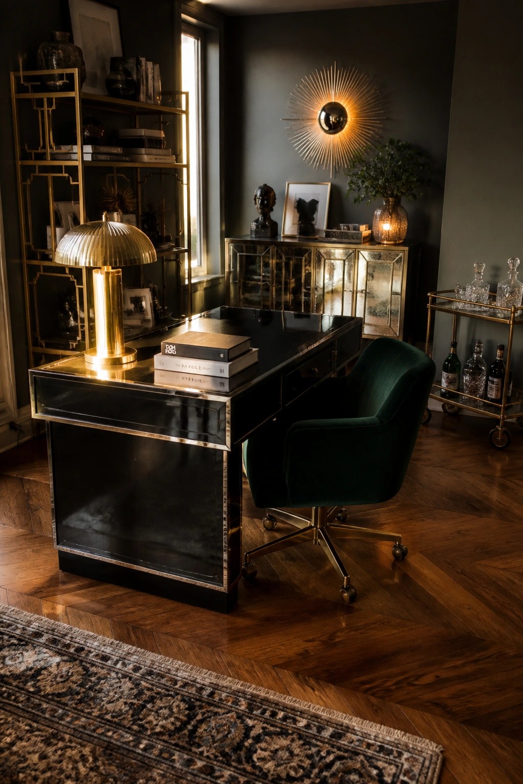 Luxurious dark office with glossy black-gold desk, green velvet chair, and brass accents