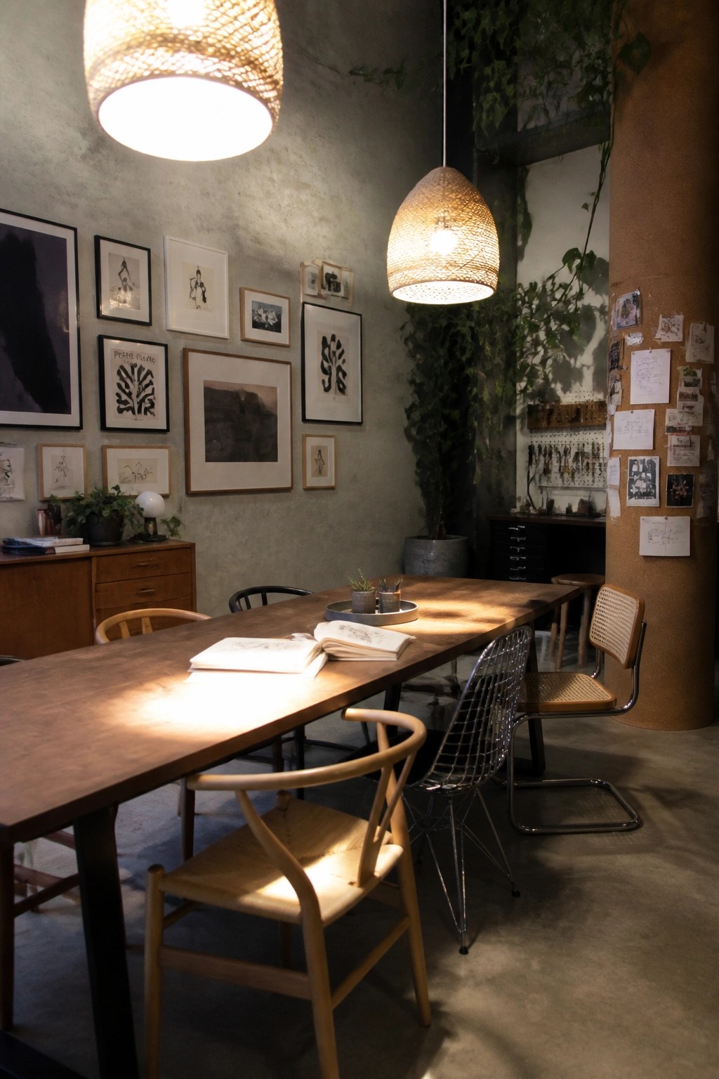 Wooden table with open sketchbooks amid framed art, woven lamps, and eclectic chairs