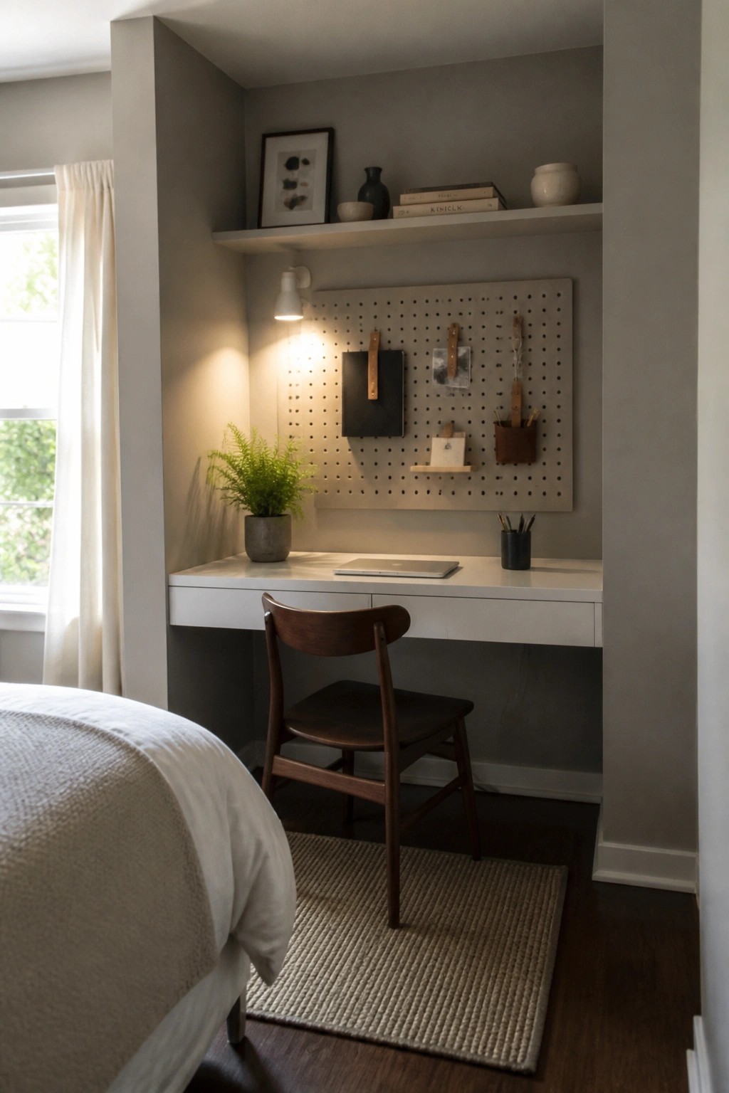 A compact home office nook featuring a white built-in desk, wooden chair on a woven rug, and a large pegboard mounted above the desk with various hanging organizers and decor.