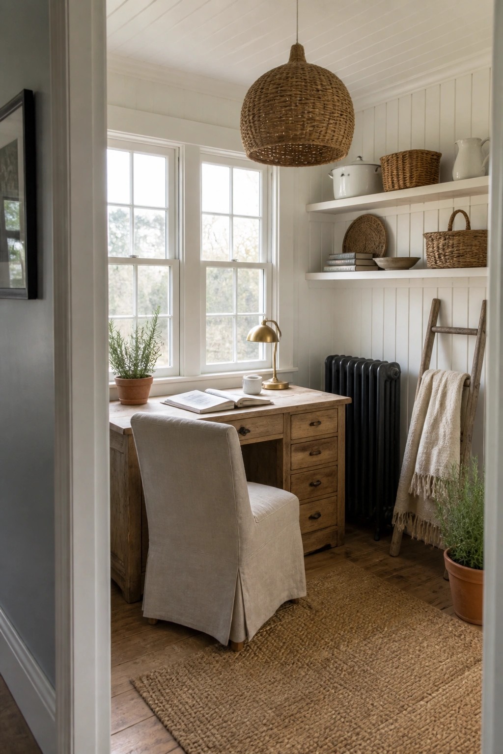 Cozy wooden desk with beige chair, woven pendant light, and white shelves in nook