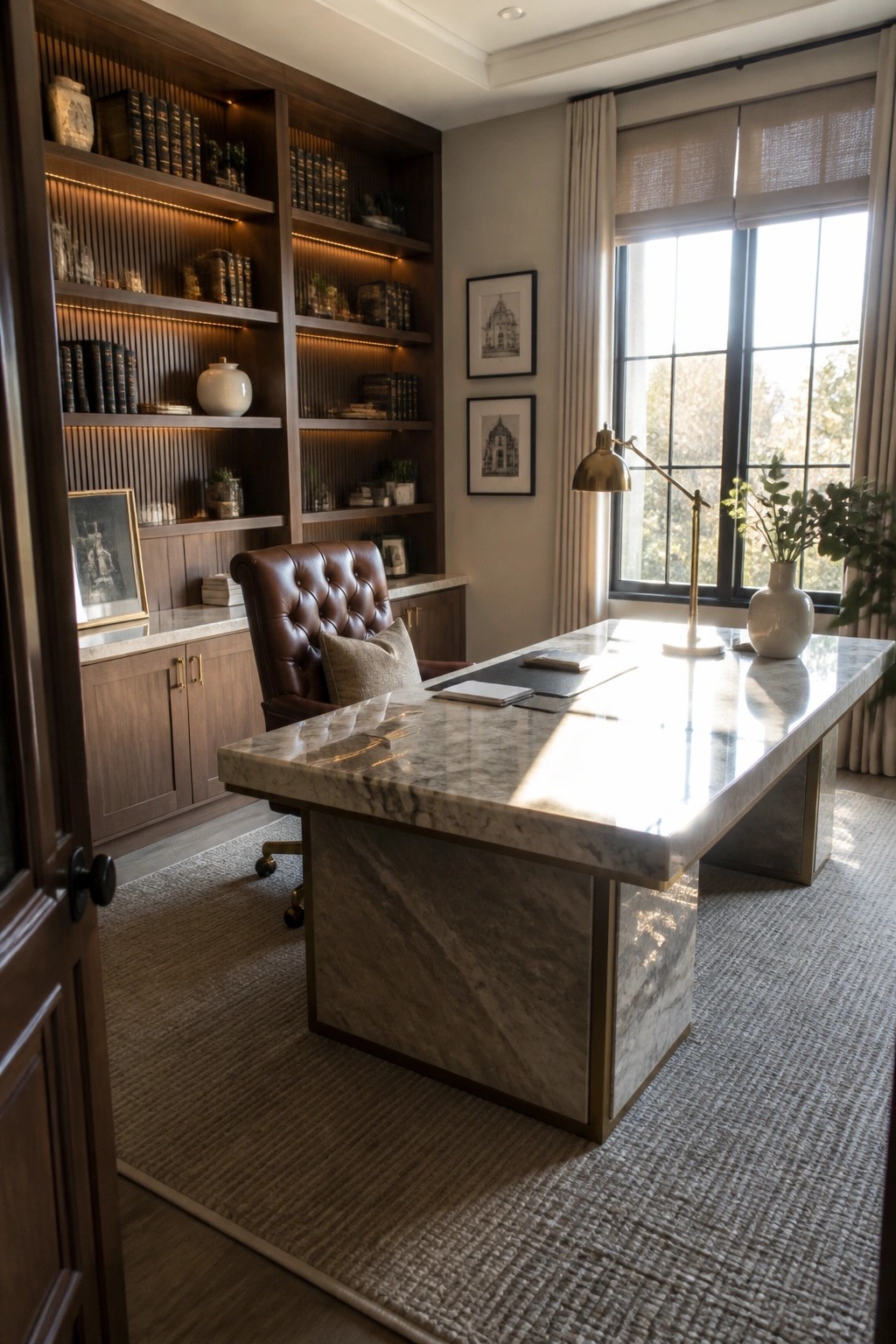 Elegant home office with marble desk, tufted leather chair, and illuminated bookshelves.