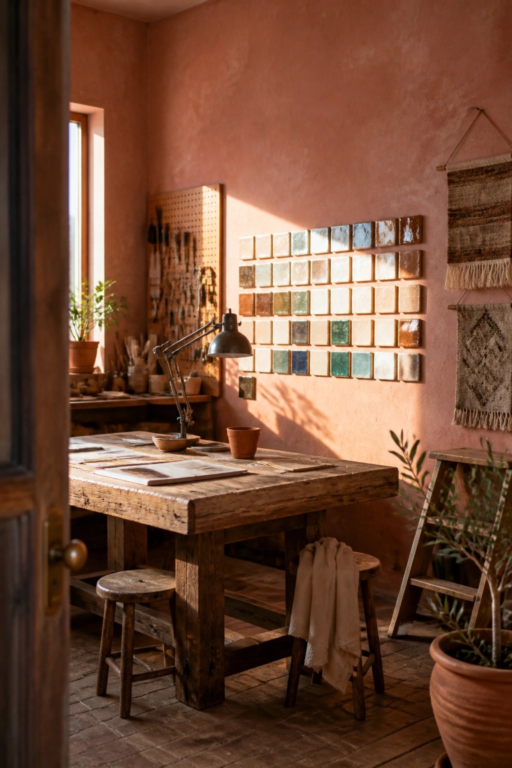 A rustic office interior with a large wooden work table, two stools, a terracotta pink wall featuring a grid of small glazed tiles, a pegboard with tools, woven wall hangings, and potted plants on a brick floor.