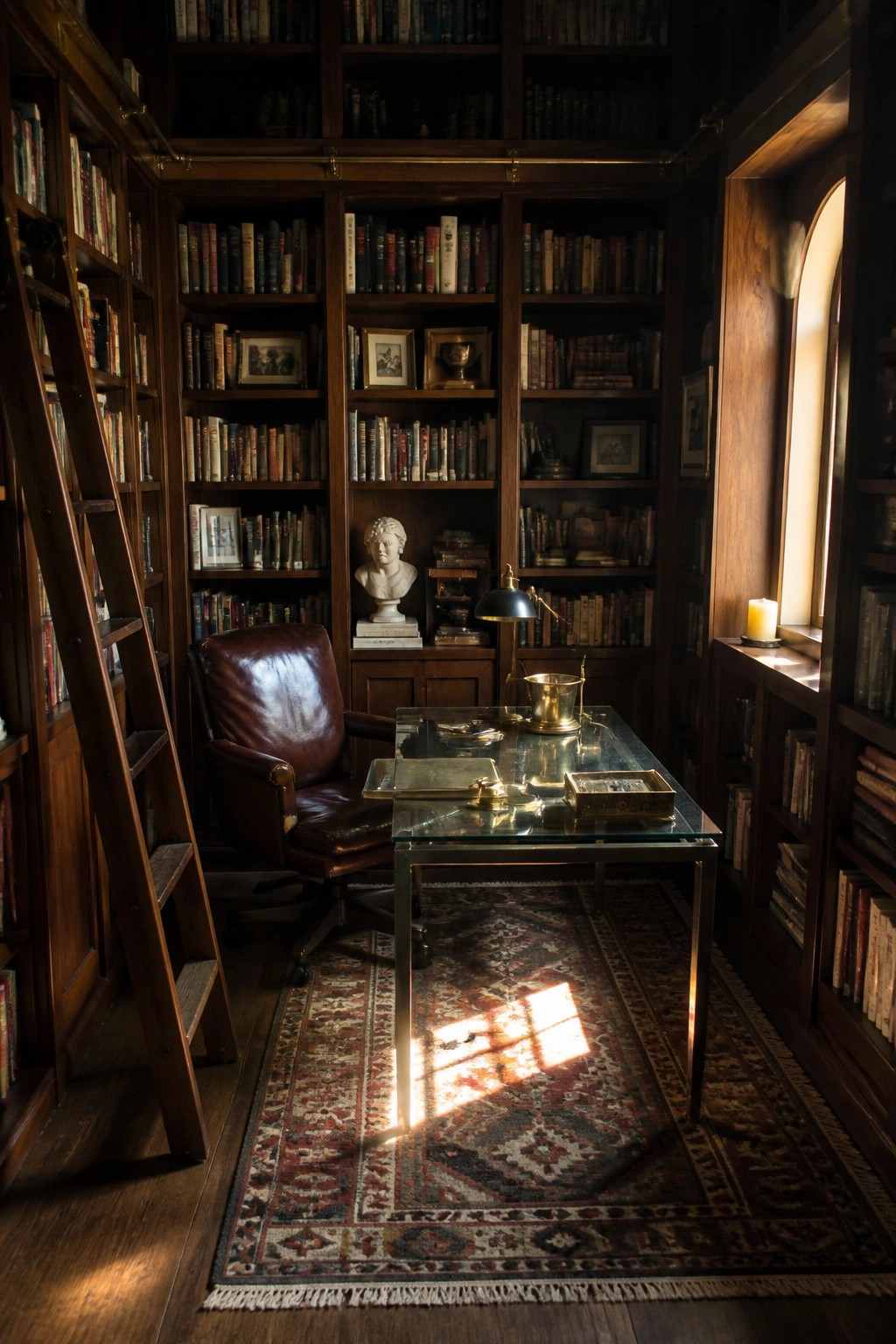 A home library office with floor-to-ceiling dark wood bookshelves, a glass desk on a patterned rug, a brown leather chair, and a wooden library ladder.