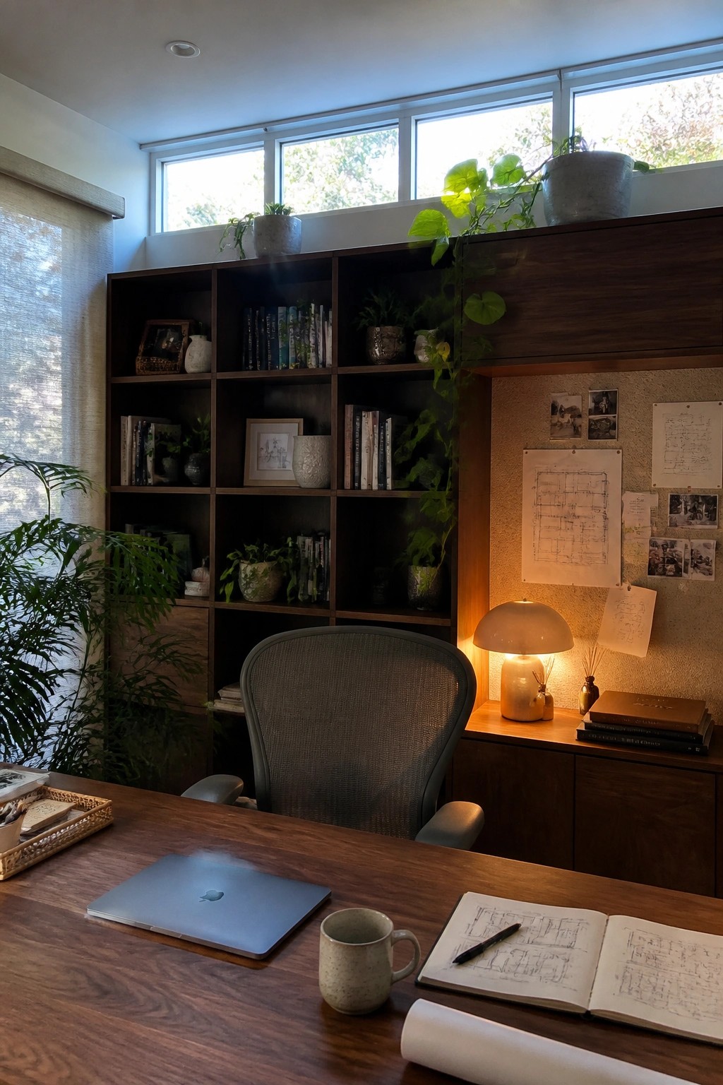 Wooden desk with laptop and notebook beside bookshelves filled with plants and books
