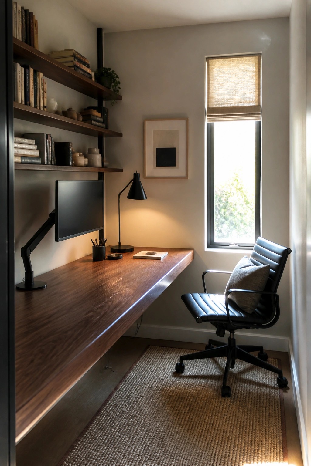 A home office features a long floating wooden desk mounted on a light gray wall with dark wood shelves above holding books and decor, a monitor on an adjustable arm, a black desk lamp, and a black leather office chair on a woven rug near a window.