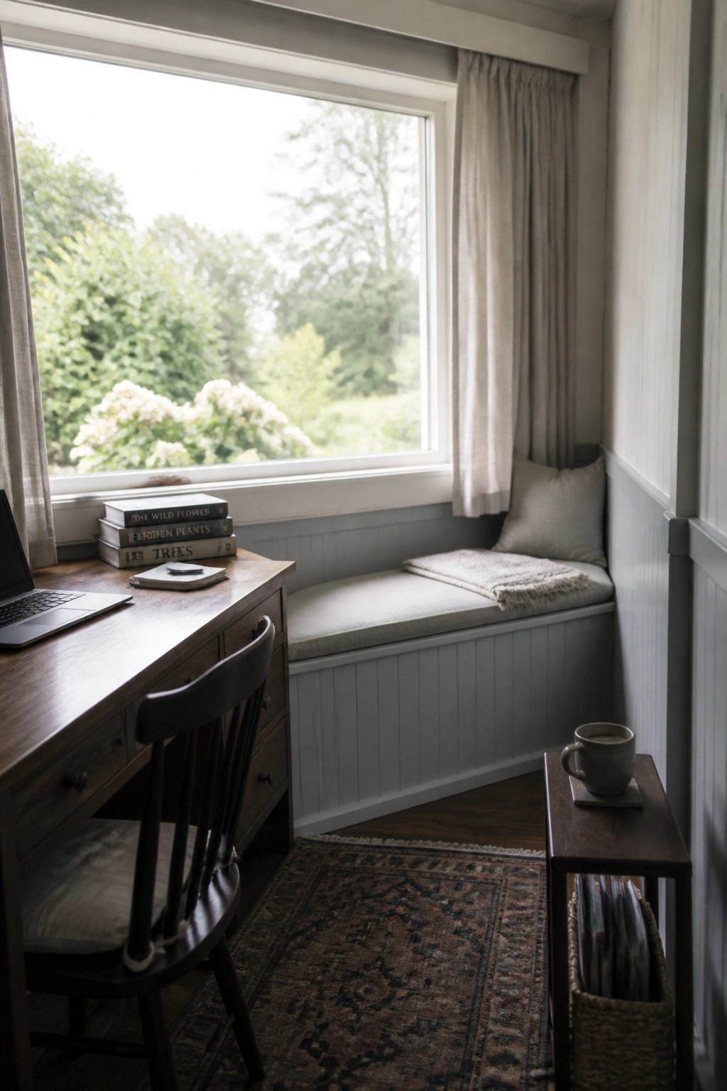 Cozy wooden desk with laptop and books beside cushioned window seat with side table mug