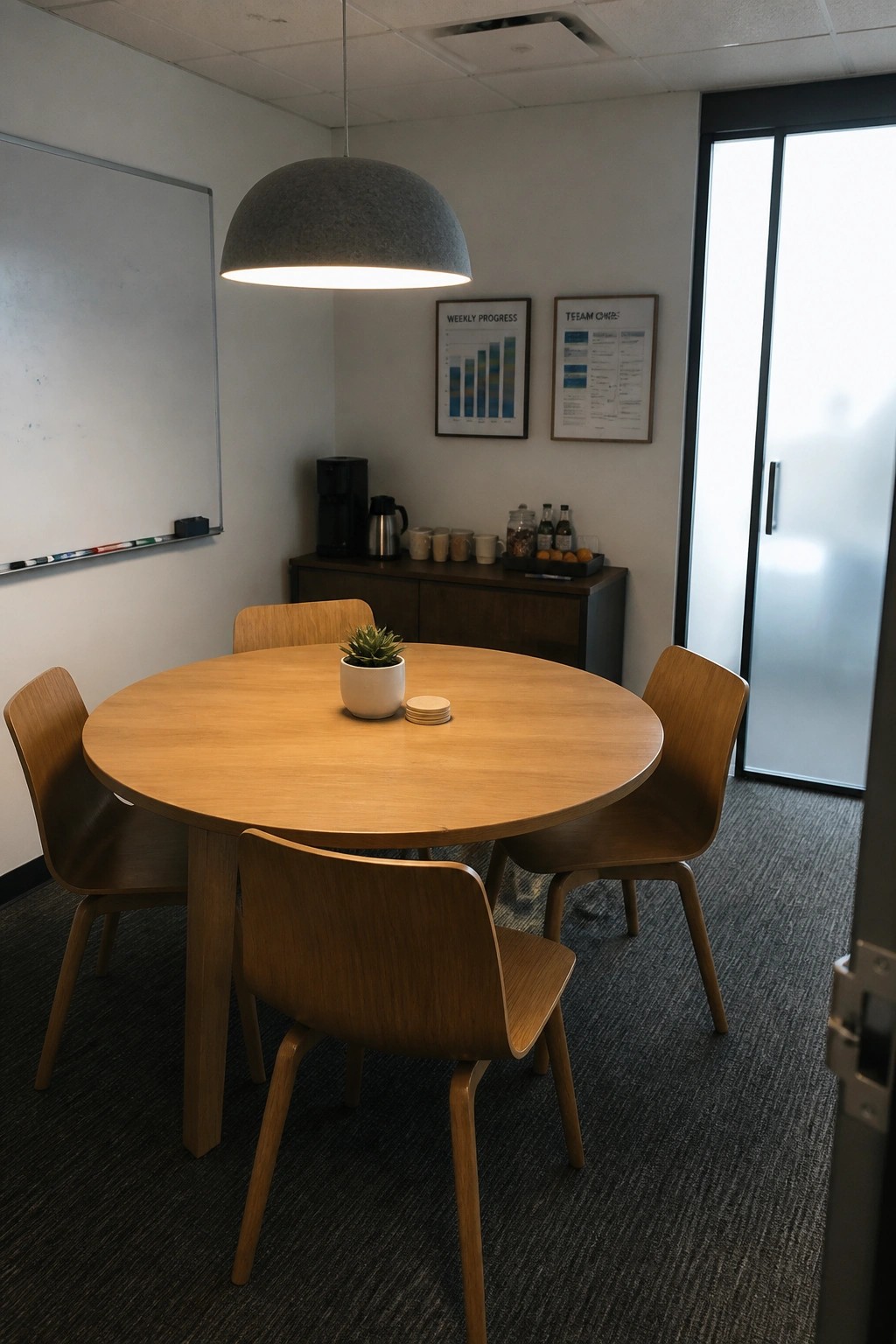 A modern office meeting room with a round wooden table, four wooden chairs, a small potted plant, and a whiteboard on the left wall.
