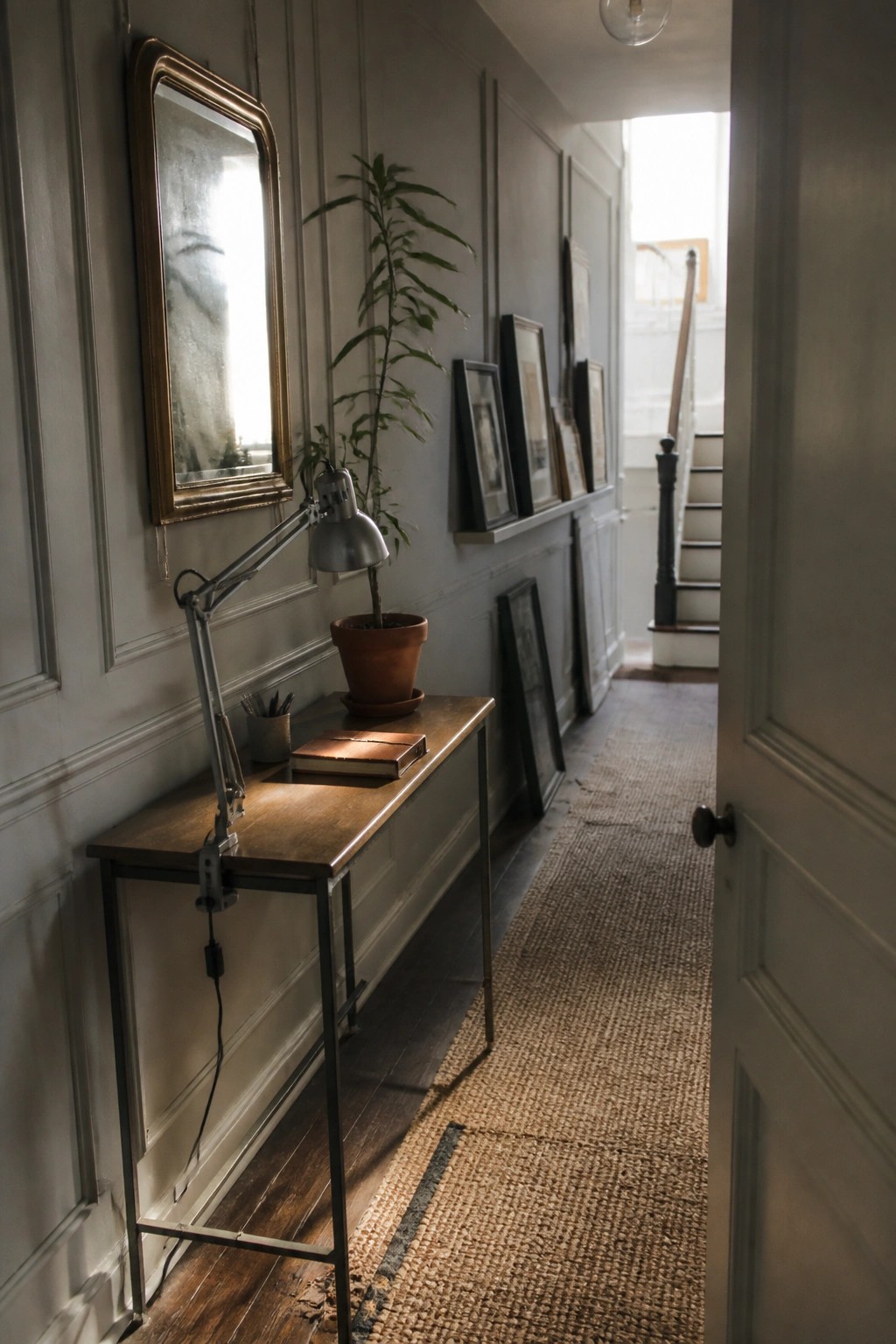 Gray hallway console table with lamp, plant, book, and gold-framed mirror on rug.