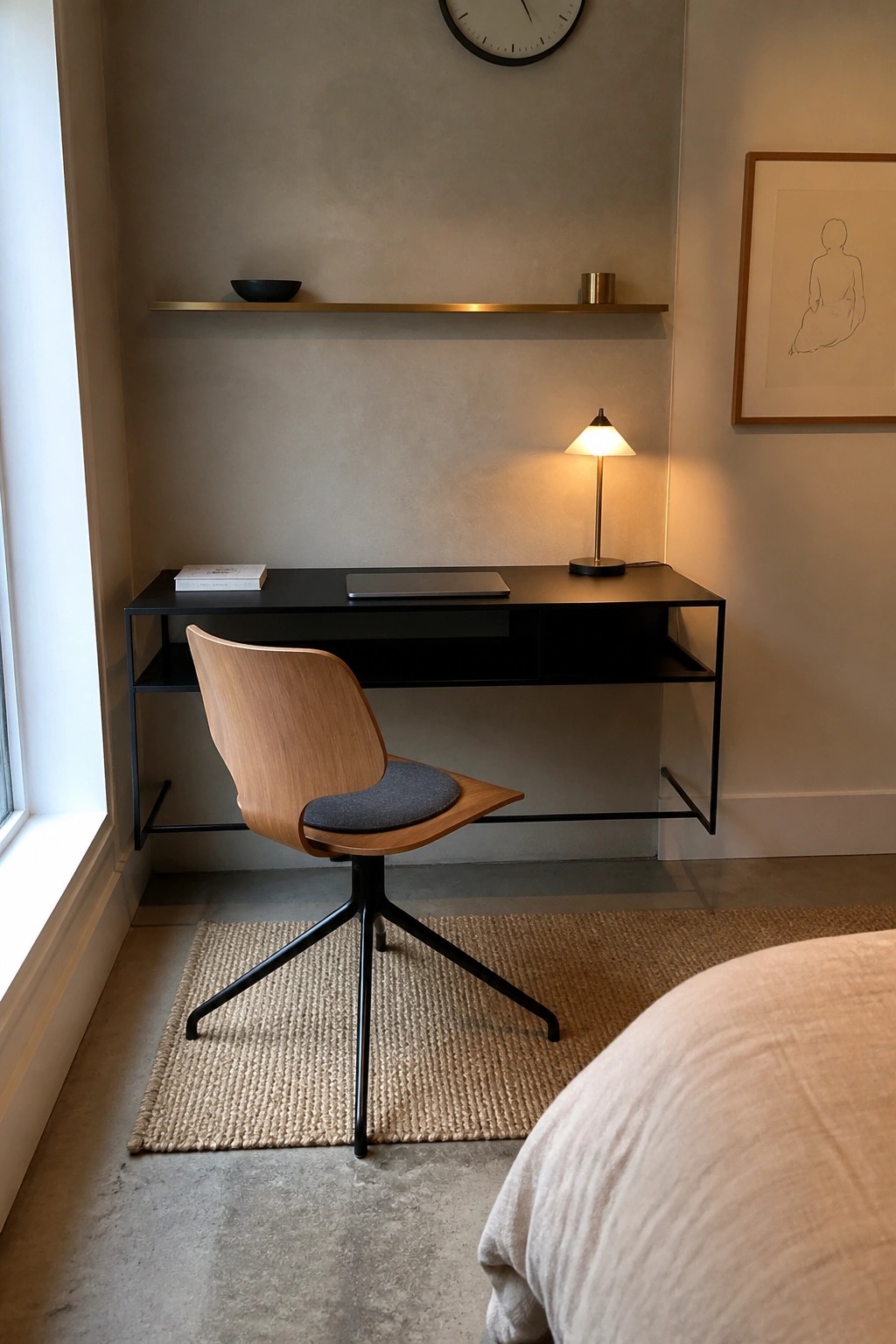 A compact black desk with a wooden swivel chair is positioned beneath a floating shelf in a small room corner, with a laptop, book, and lit lamp on the desk surface.