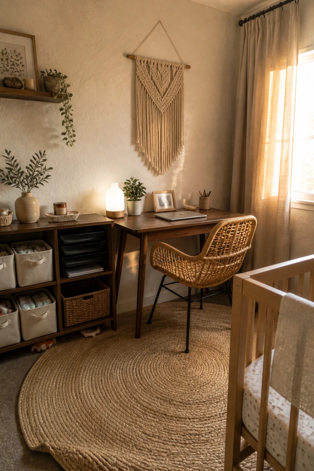 A compact wooden desk with a woven chair is positioned next to a low storage cabinet with bins and baskets on a round jute rug in a room with a crib visible nearby.