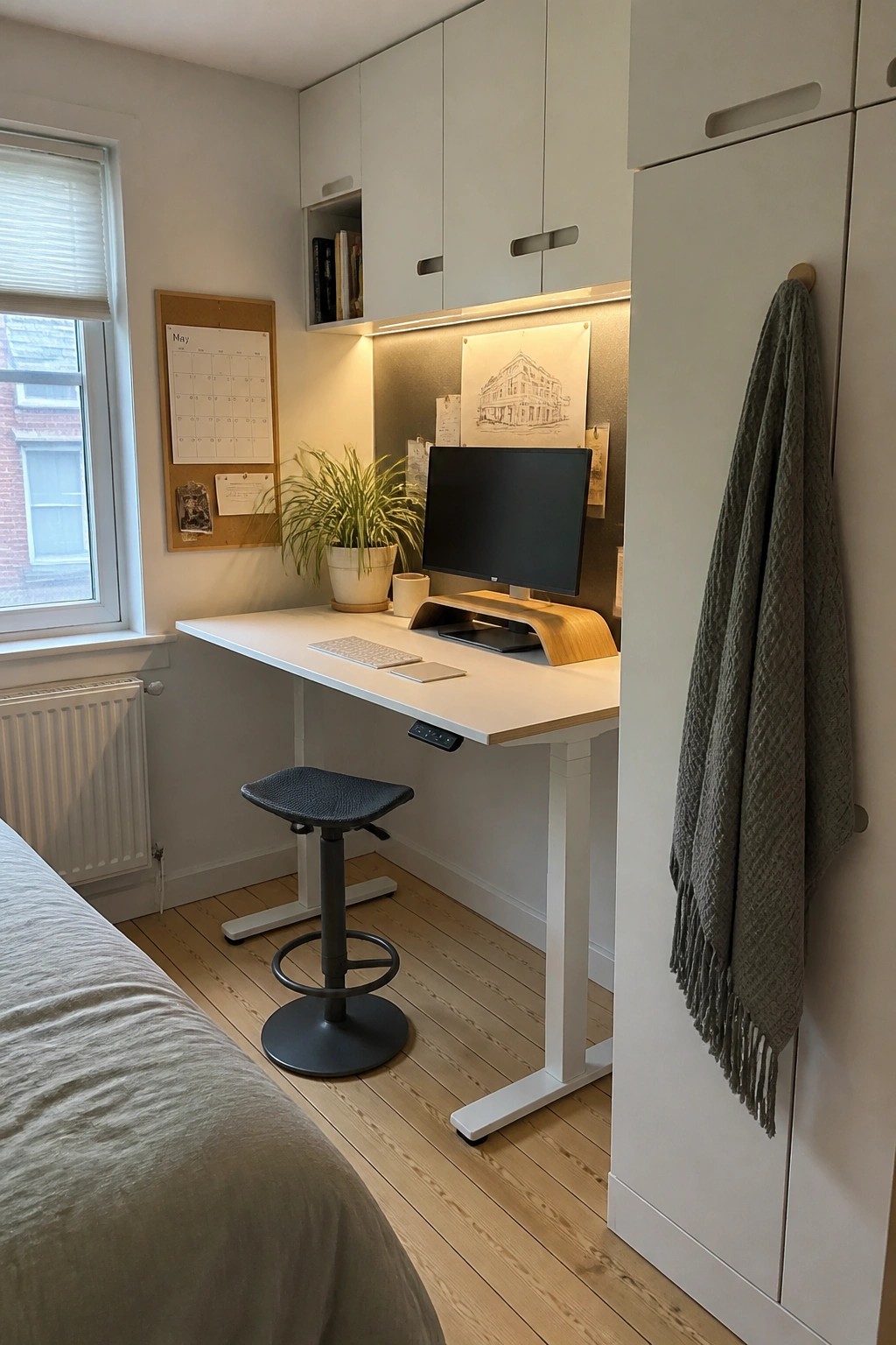 A small indoor workspace with a white height-adjustable desk, black stool, computer monitor, and white upper cabinets above, positioned beside a window with a radiator below.