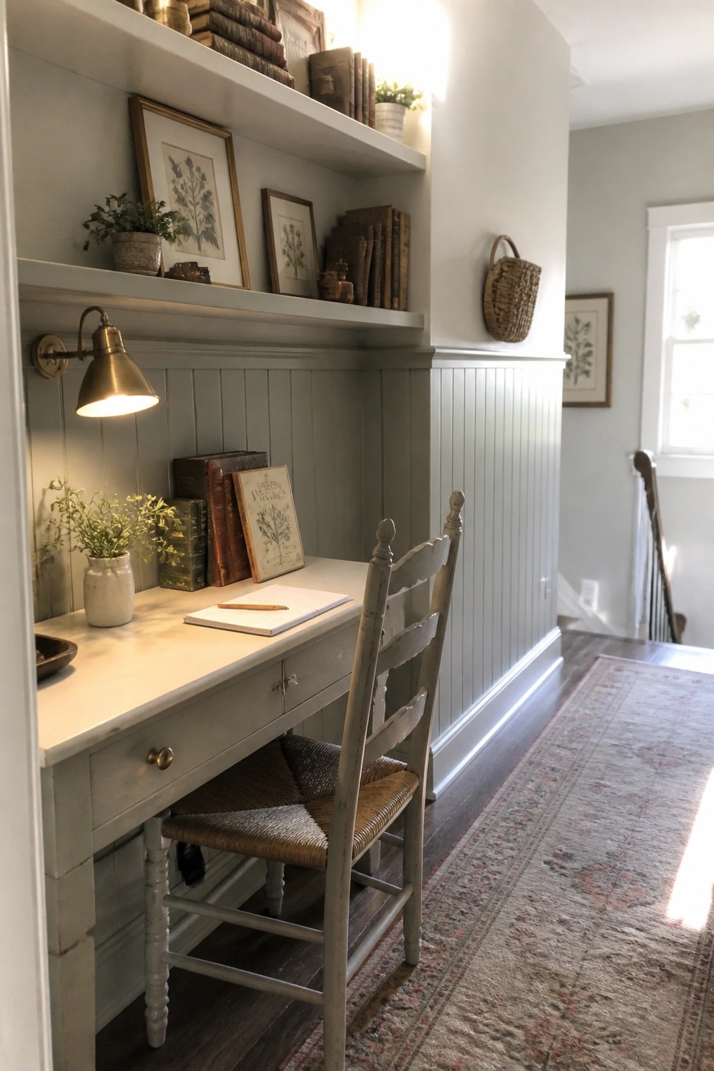A compact desk with chair sits under white built-in shelves holding books and framed art against gray wainscoting in a narrow indoor space.