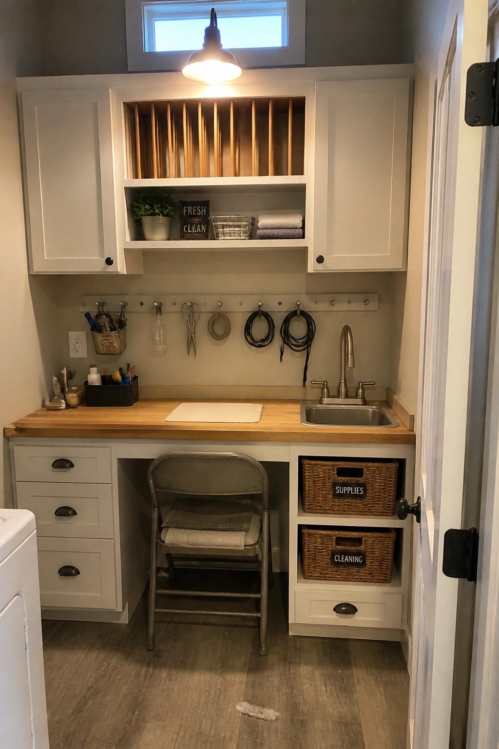 Compact laundry room with white cabinets, wooden counter, sink, and labeled baskets.