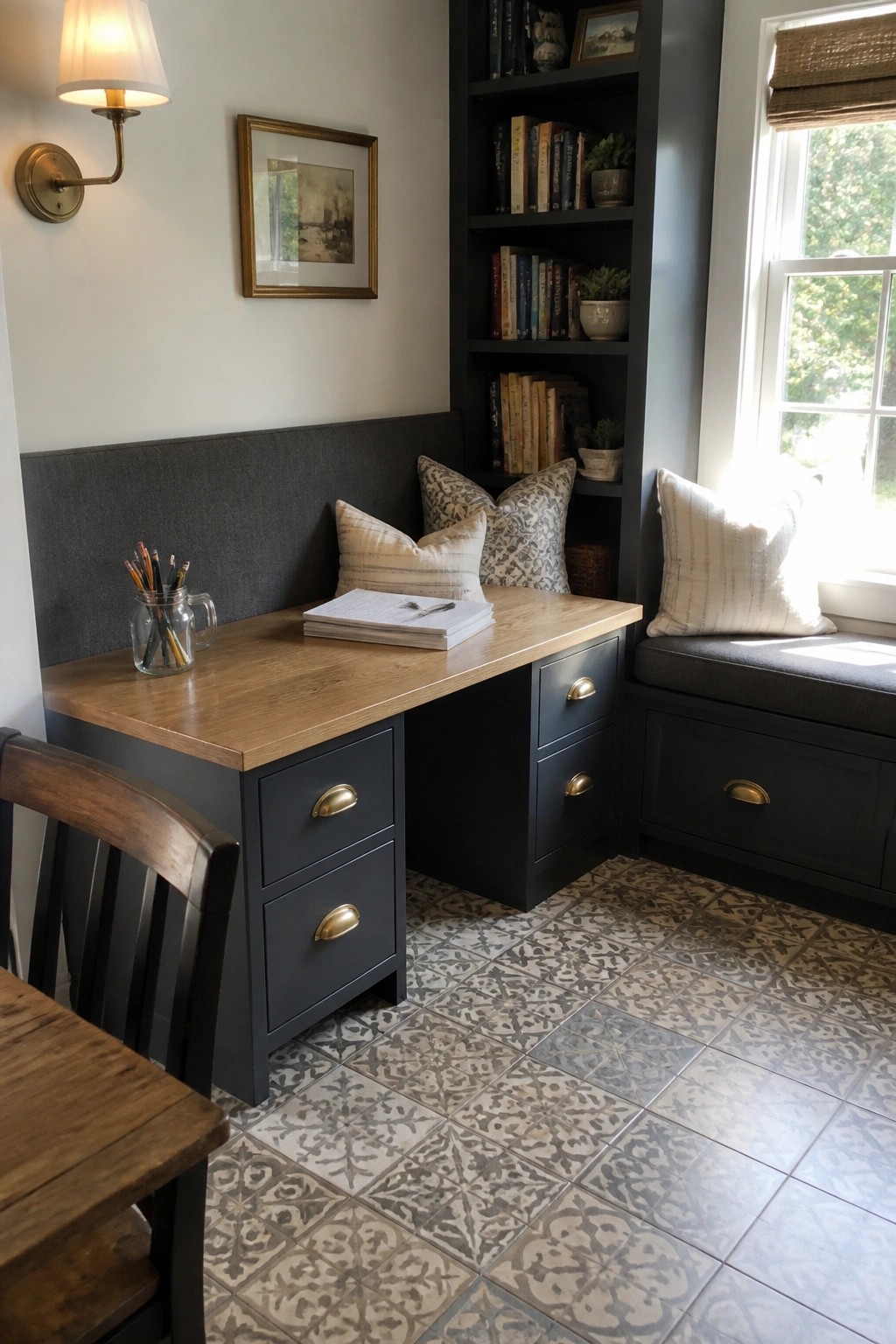 A compact built-in desk with dark blue cabinets and a light wood top sits in a corner, flanked by open bookshelves and a cushioned window seat with pillows.