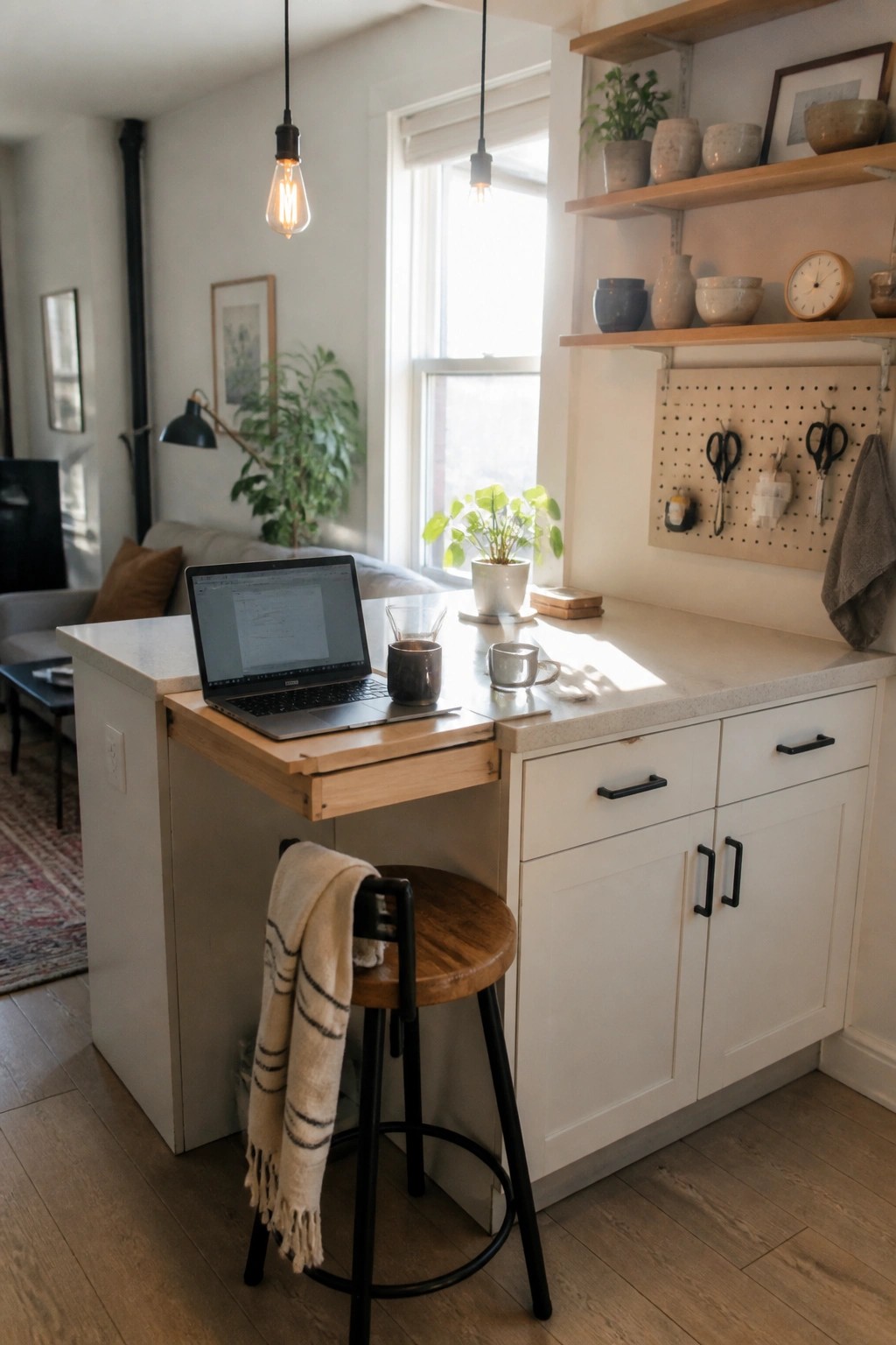 A white kitchen island with a wooden pull-out desk extension holding a laptop and two mugs, plus a round stool tucked underneath.
