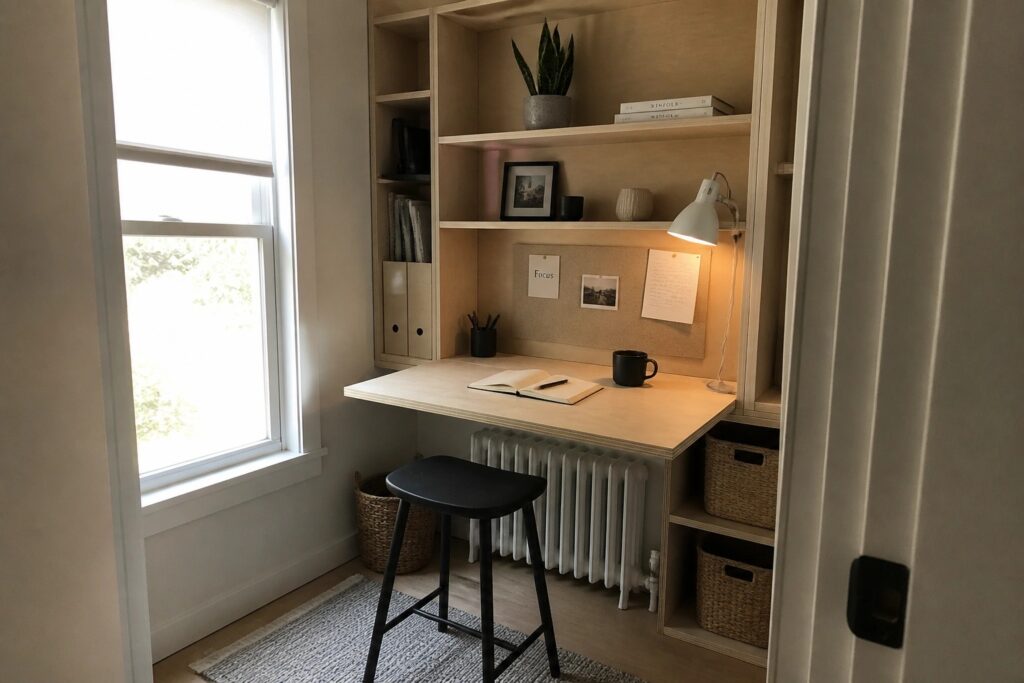 18 Smart Small Office Ideas for Compact Workspaces That Need More Function A built-in light wood desk with open shelves above it inside a small room, a black stool in front, an open notebook on the desk surface, and a window to the left.