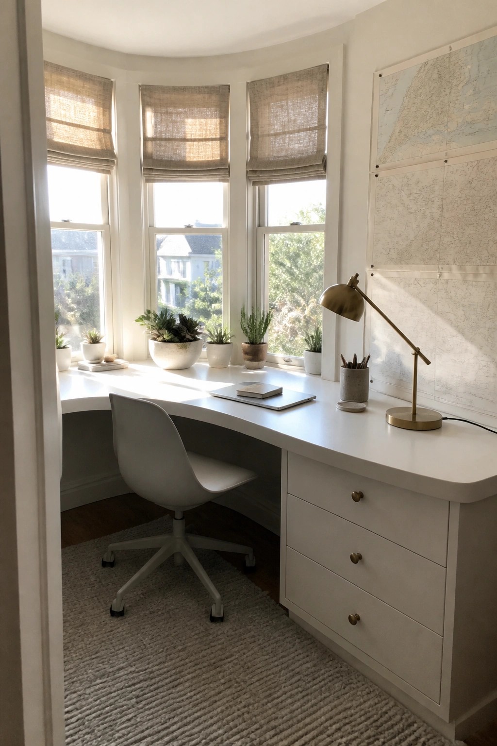 Curved white desk in sunlit bay window with plants, brass lamp, and wall maps