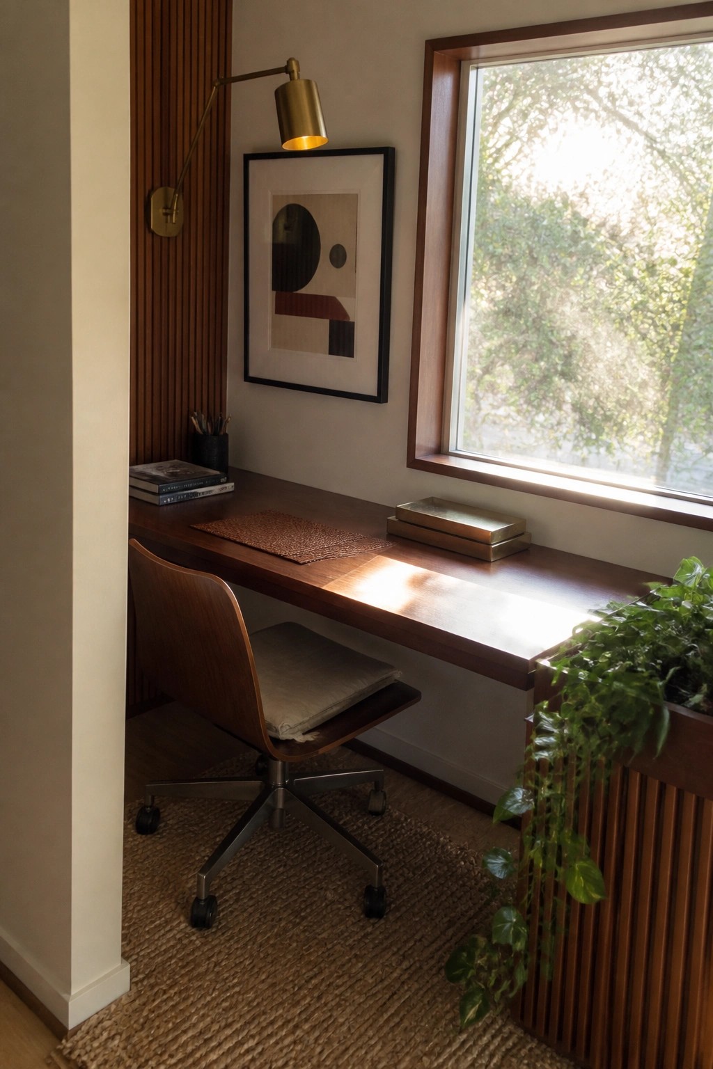 A narrow wooden desk runs along a wall beneath a large window, paired with a swivel chair, a wall-mounted brass lamp, stacked books, and a framed abstract print.
