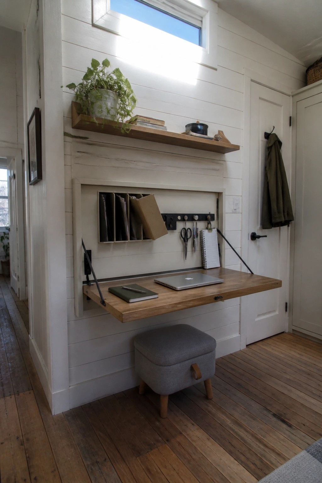 A wooden fold-down desk mounted on a white paneled wall with a laptop and notebook on the surface, storage compartments above it, and a gray upholstered stool below.