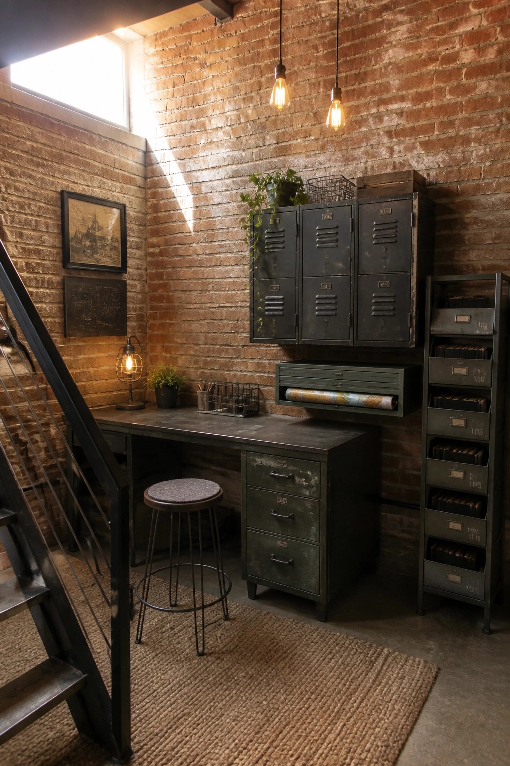 Industrial workspace with metal desk, lockers, brick walls, stool, and hanging bulbs
