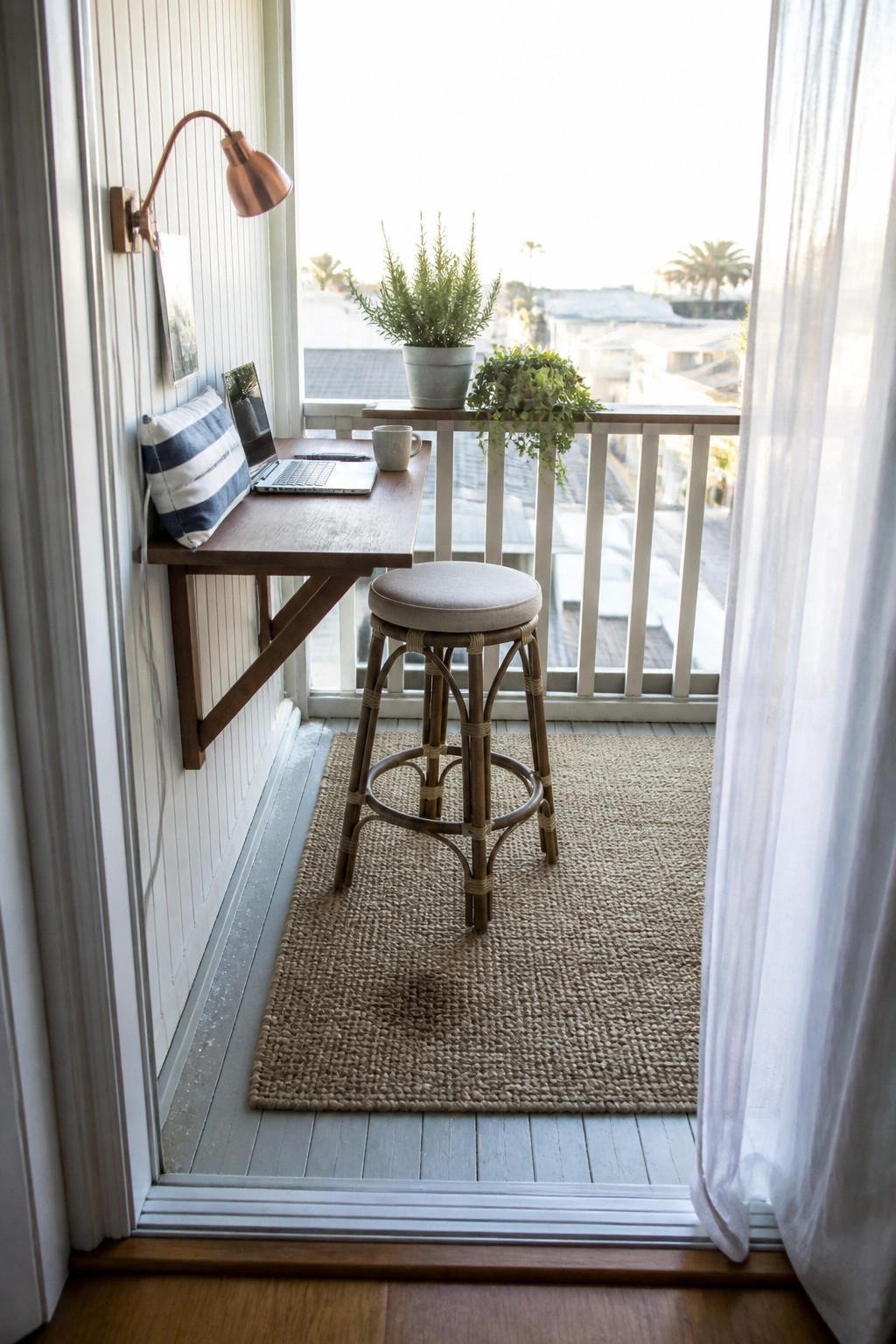 A wooden wall-mounted desk with a laptop sits on a small balcony beside a cushioned stool on a woven rug, with potted plants on the railing and a view of rooftops beyond.