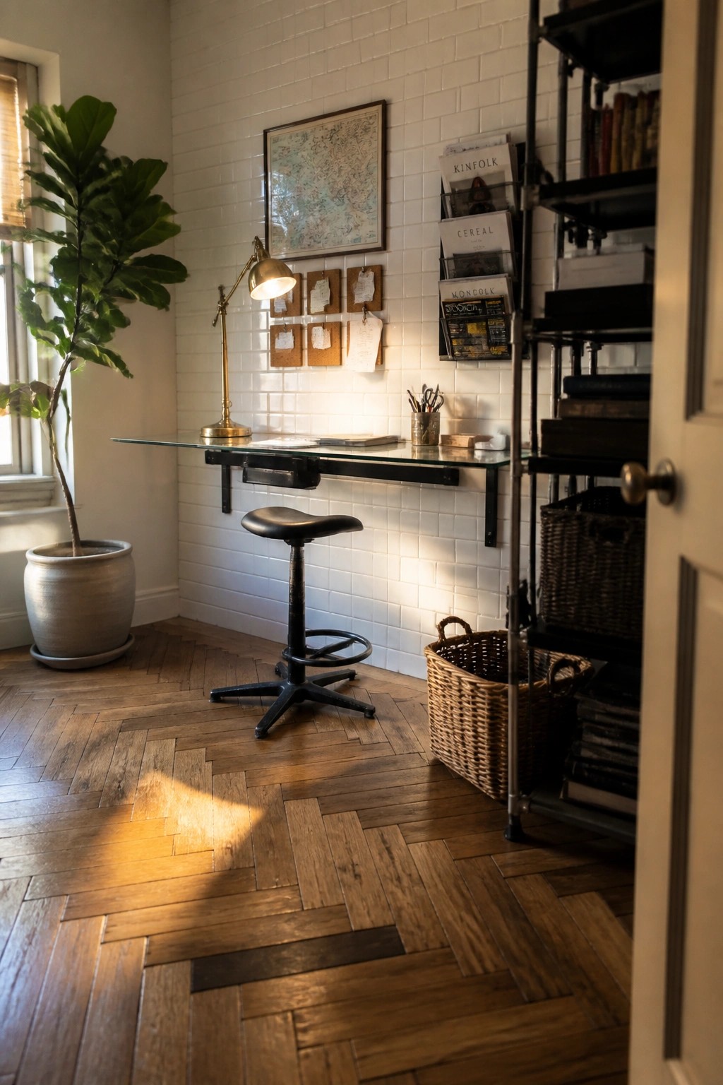 A compact home office corner with a wall-mounted glass desk, black adjustable stool, white subway tile wall, framed map, wall-mounted magazine racks, and a large potted plant by the window.