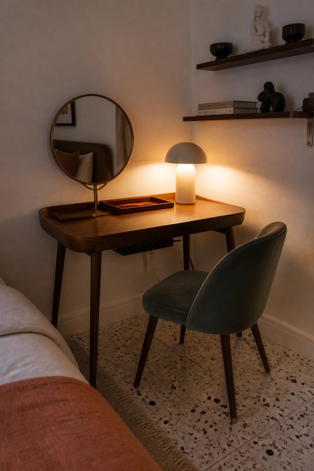 A small wooden desk with tapered legs sits in a bedroom corner beside a round mirror, with a green upholstered chair pulled up to it.