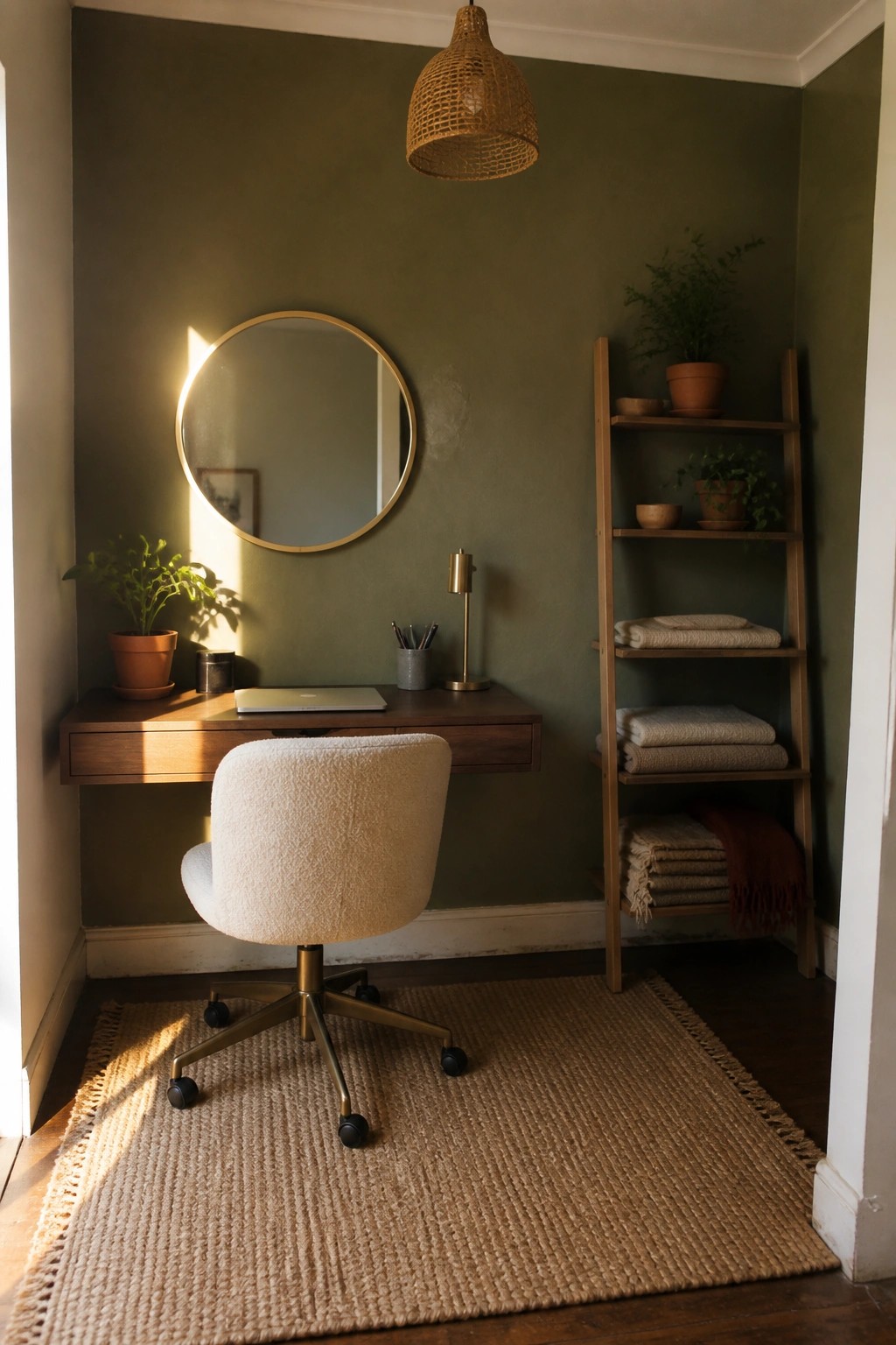 A small workspace with a wooden floating desk, white upholstered chair, round mirror on a green wall, and a tall wooden ladder shelf holding potted plants and folded textiles.