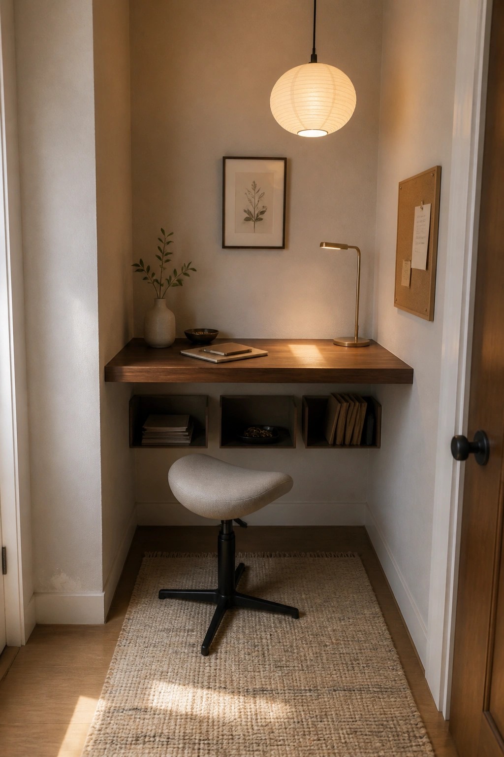 A compact home office nook with a built-in wooden desk, open storage cubbies underneath, a light gray stool, and a woven rug on the floor.