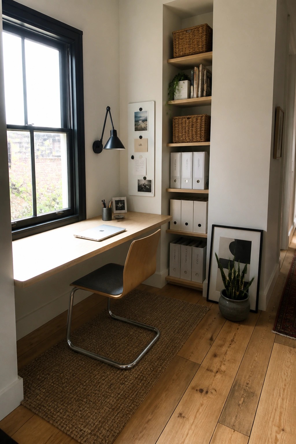 A compact home office with a light wood desk under a window, a cantilever chair, wall-mounted lamp, and built-in shelves holding white binders and woven baskets.
