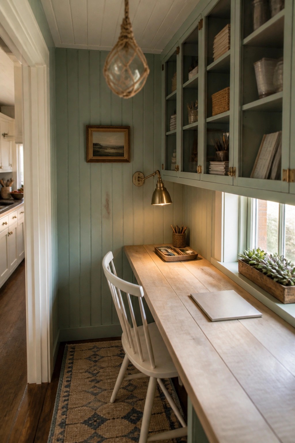 A narrow home office features a light wood desk beneath sage green built-in cabinets, with a white spindle chair on a patterned rug.