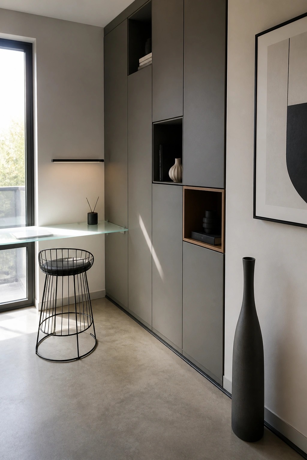 A narrow home office with a floating glass desk under a window, a black wire stool, and tall gray built-in cabinets featuring open niches.