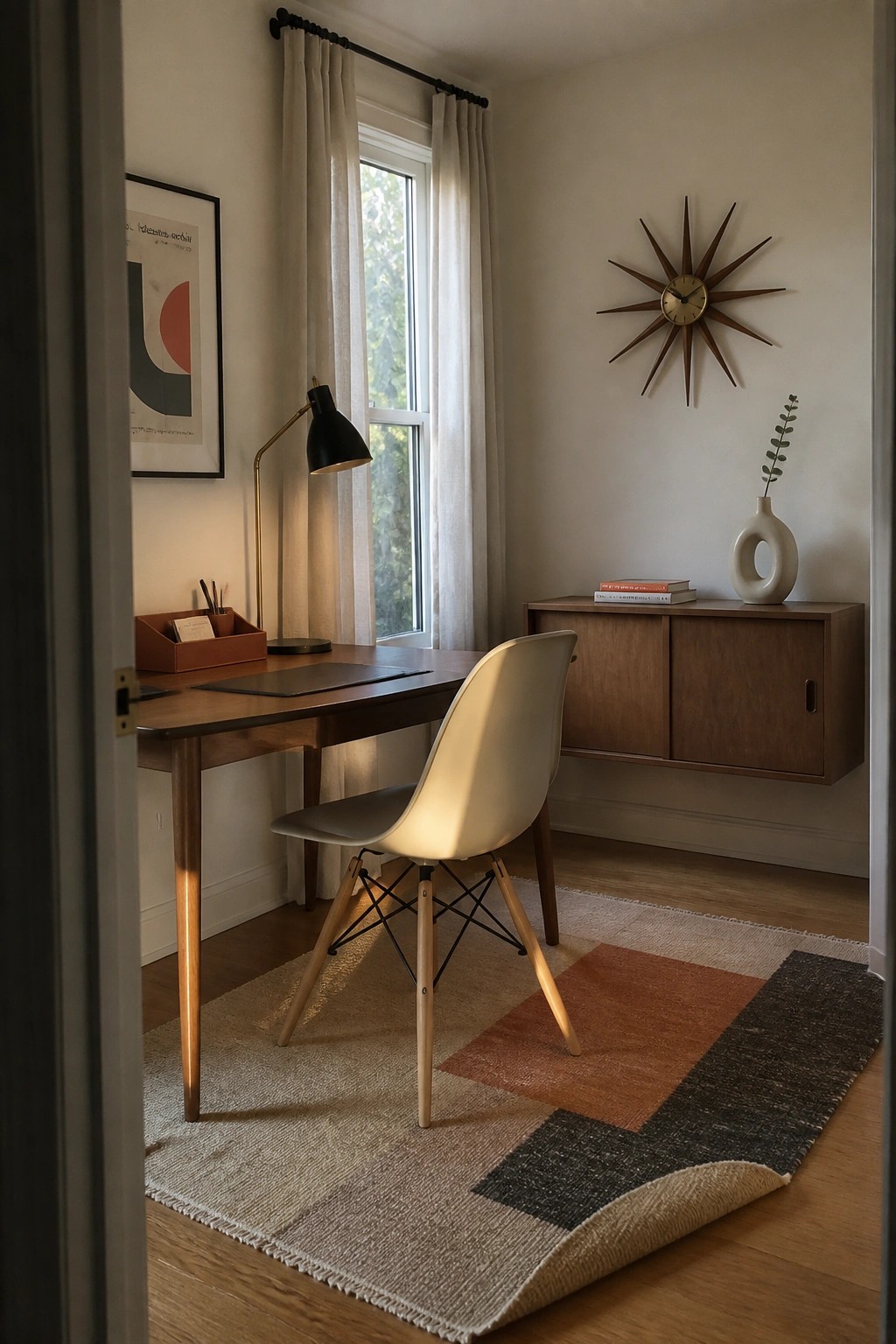 A small home office with a wooden desk positioned under a window, a white molded chair on a patterned rug, a black desk lamp, and a wooden floating cabinet on the opposite wall.