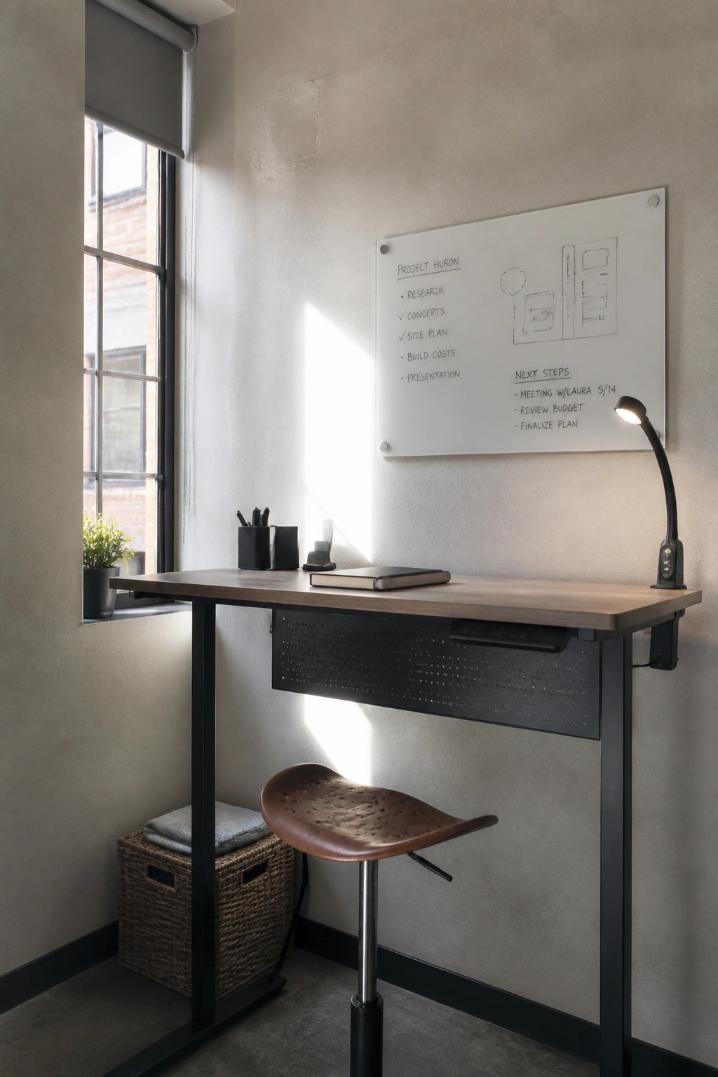 A small office corner with a wall-mounted wooden desk on black metal legs, a brown leather stool, a whiteboard with handwritten project notes, and a window on the left side.