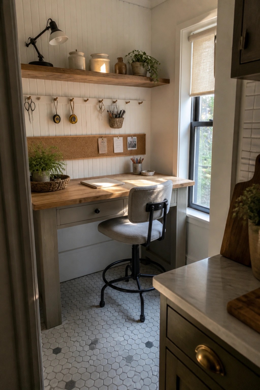 Cozy wooden desk with gray swivel chair, corkboard, hooks, and shelves in sunlit nook.