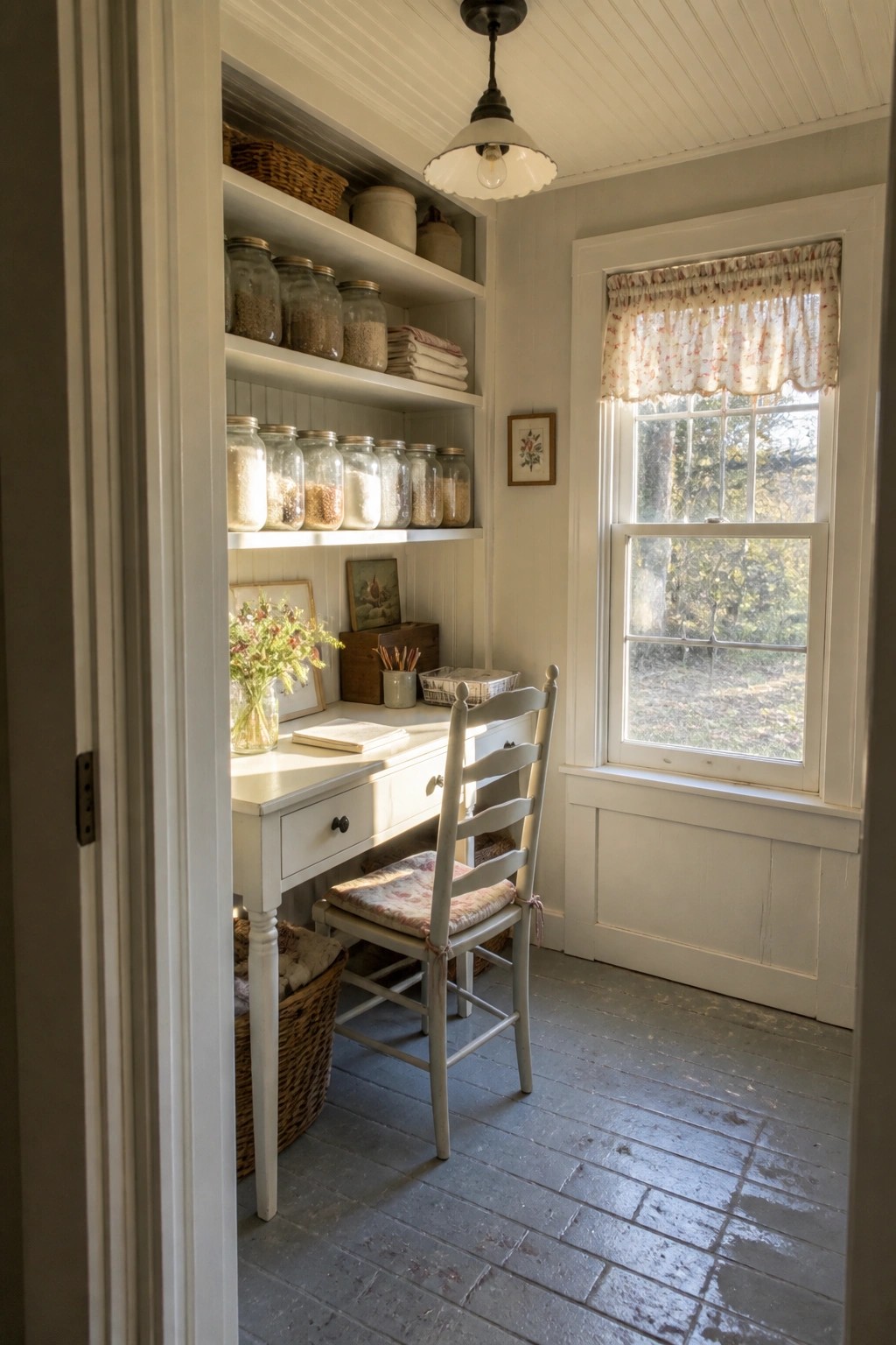 A small white built-in desk with open shelves holding glass jars sits inside a narrow room beside a window, with a wooden chair pulled up to the desk.