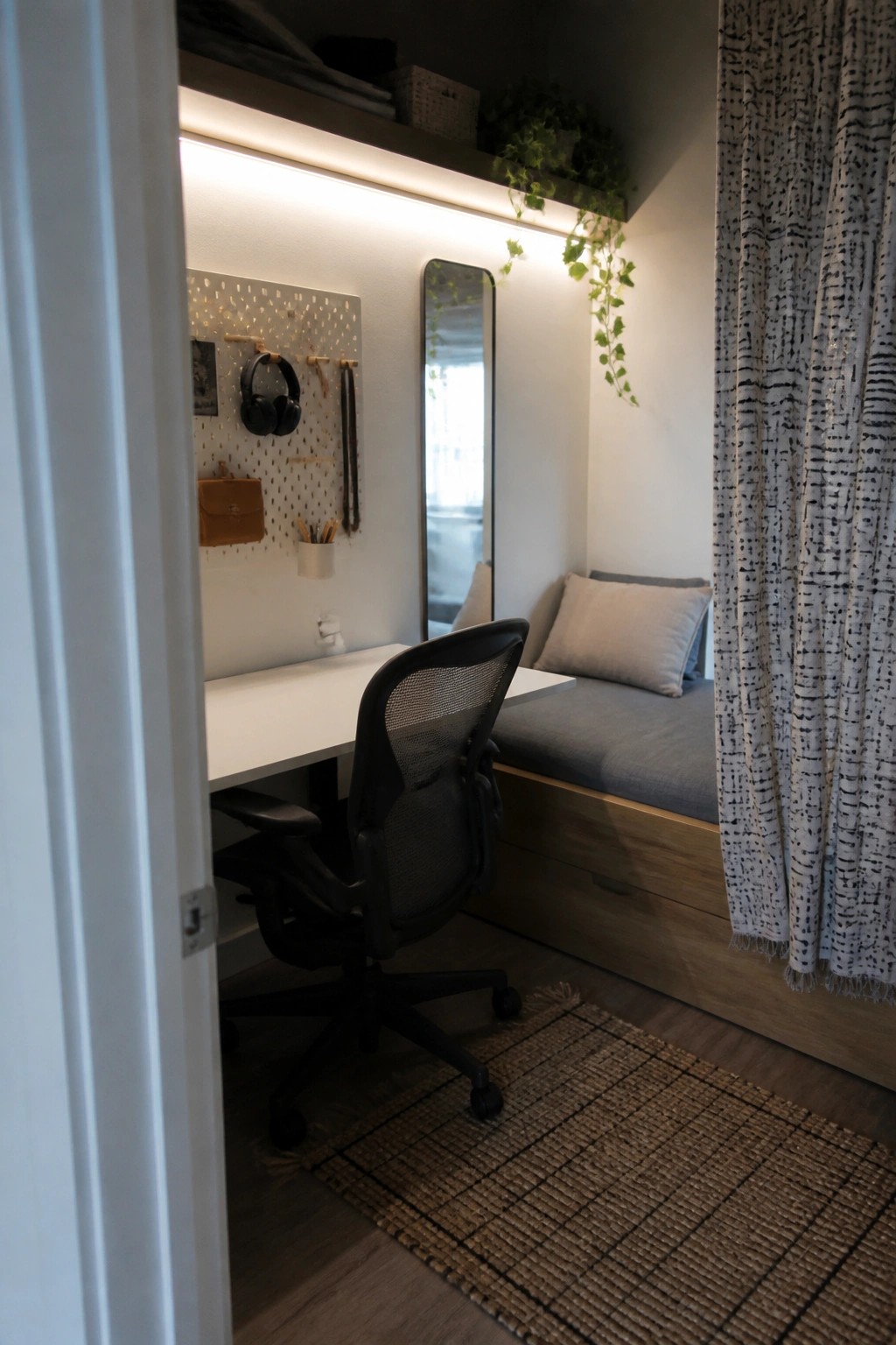 A compact room with a white desk, black office chair, pegboard on the wall, and a gray daybed with pillows beside it.